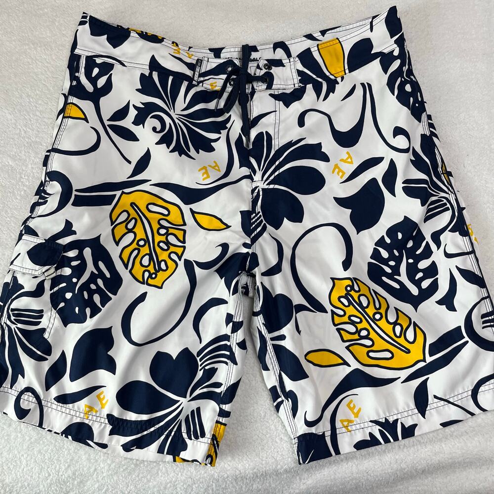 American Eagle Men’s Board Shorts Sz 38 Tropical Blue/Yellow Hook And‎ Loop